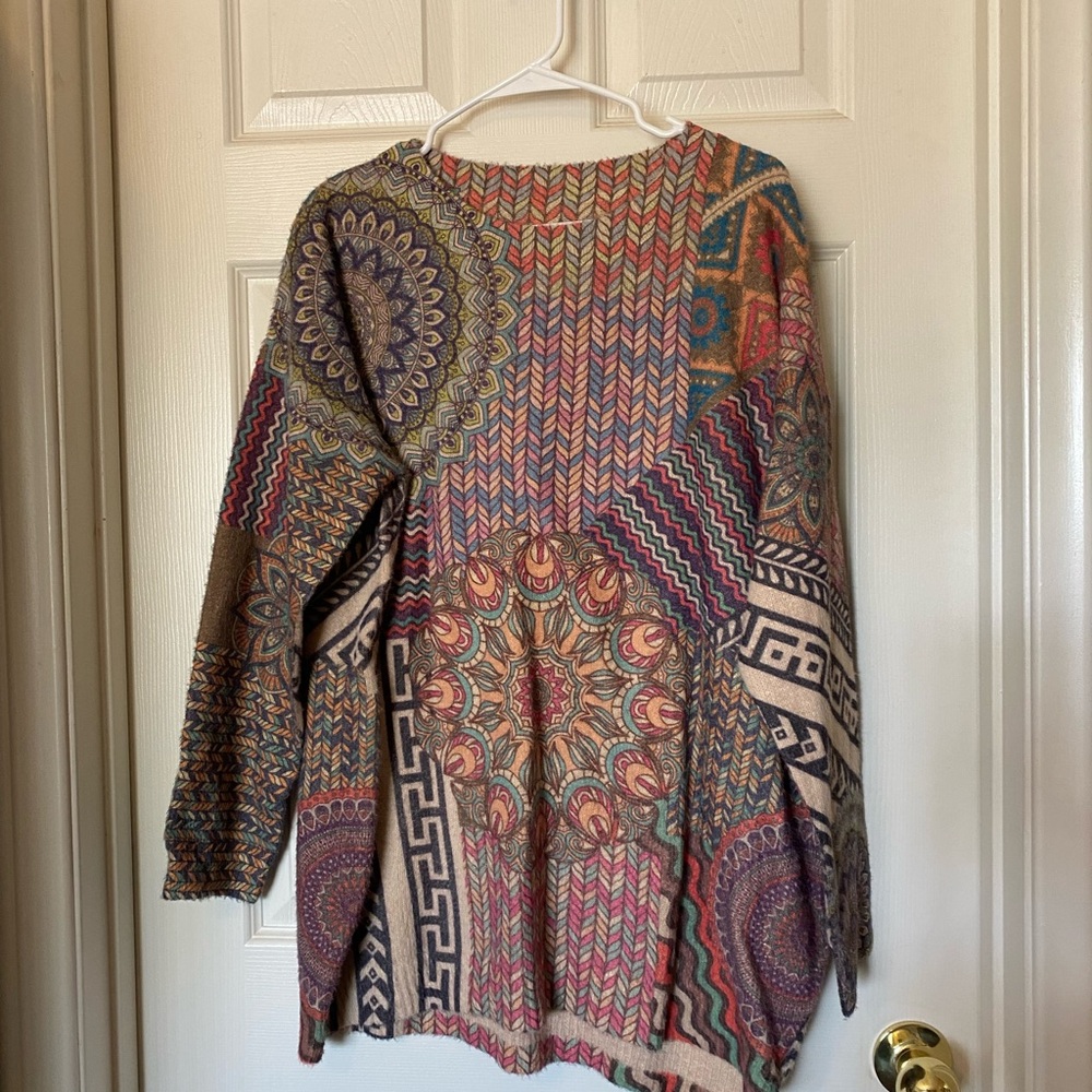 Red and Pink Crew Neck Sweater with Geometric Patterns